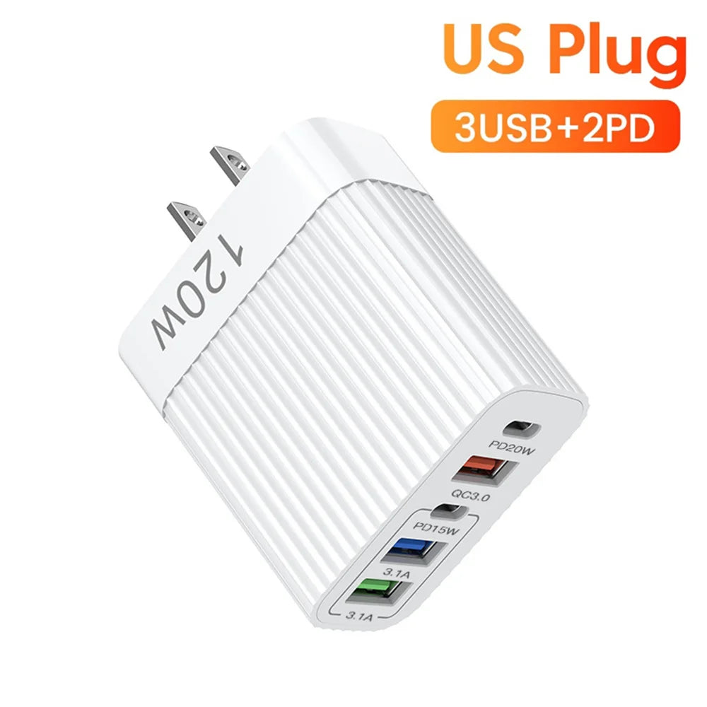 Total 120W USB Charger Quick Charge Multi Ports Fast Charging Phone Charger For iPhone Samsung Xiaomi Huawei Type C Wall Charger