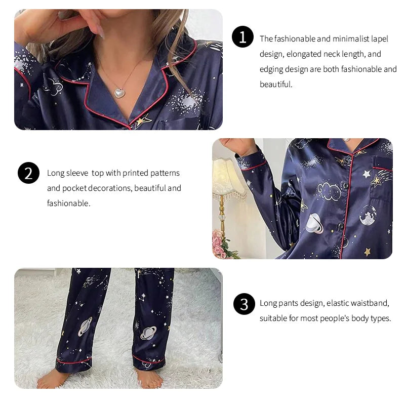 Women's Pajama Lounge Set Satin Long Sleeve Buttons Lapel Top and Pants Pajamas 2 Piece Sets Autumn Lady Sleepwear Home Clothing