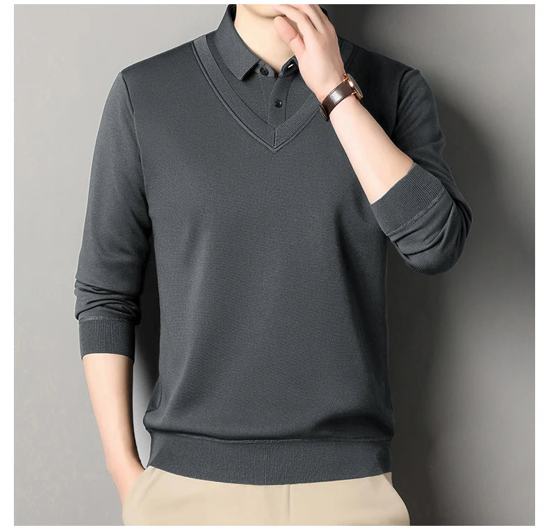 Men's Winter Sweater Velvet Pullover Solid Color Slim Fit Elegant Luxury Brand Knitwear Fake Two Pieces Knitted Sweaters