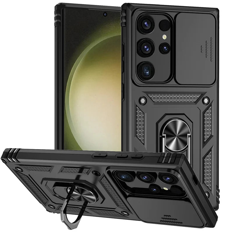 Armor Magnetic Bracket Case for Samsung S25 S24 S23 S22 S21 S20 Note 20 Ultra S10 Plus Slide Camera Protection Shockproof Cover