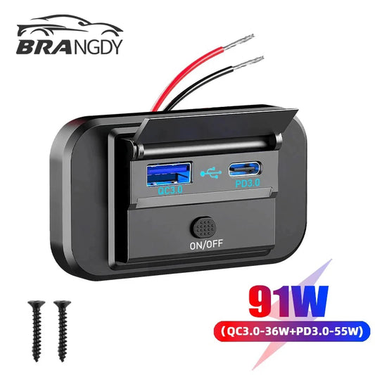 Quick Charge PD Type C Dual USB Ports Car Bus Charger Socket Adapter 12V/24V USB Power with Swith for Marine Motorcycle