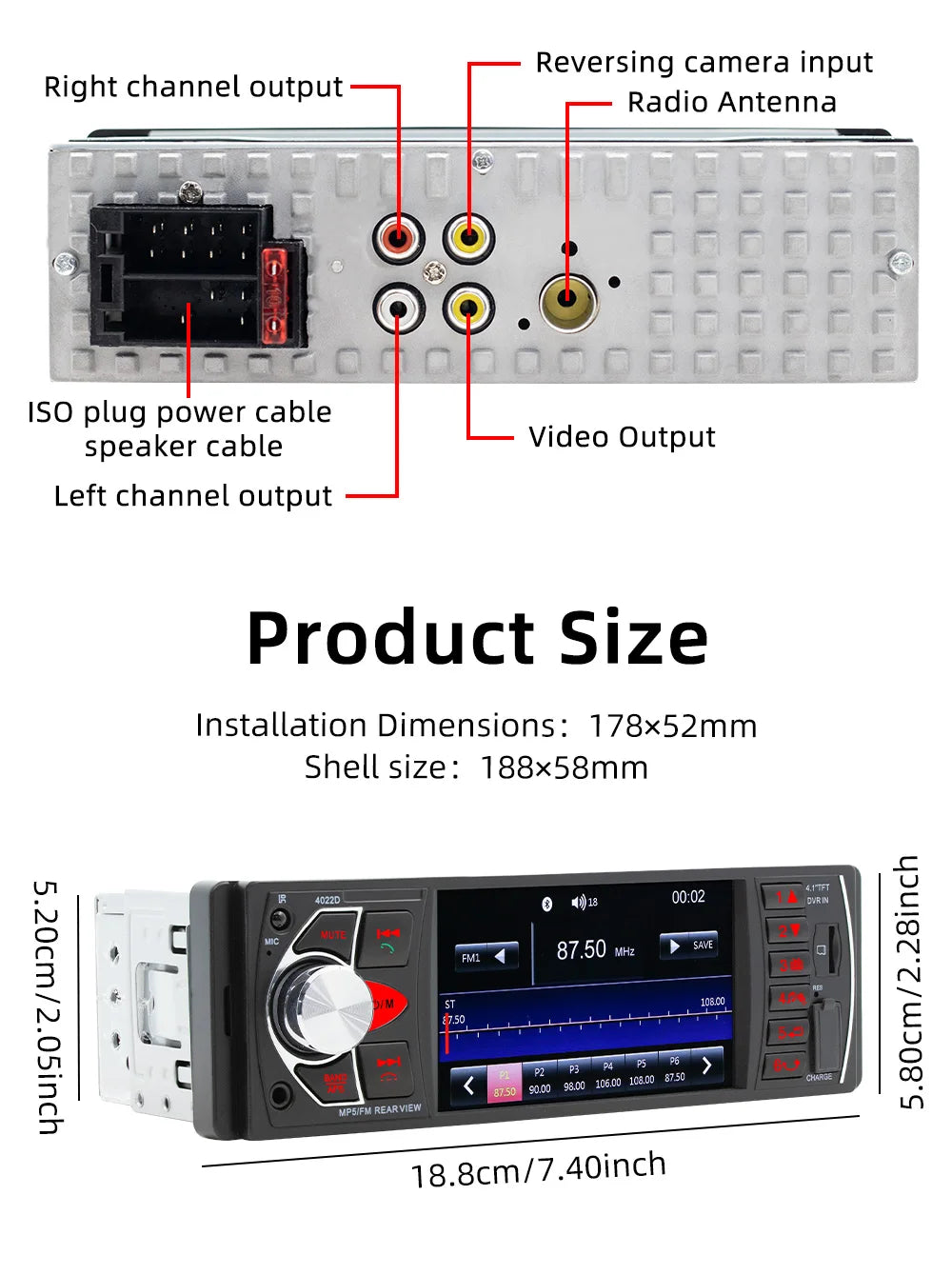 BQCC1 Din 4Inch Car Radio HD Screen Bluetooth Music Handsfree MP5 Player TF USB Charging Remote Audio System ISO Head Unit 4022D