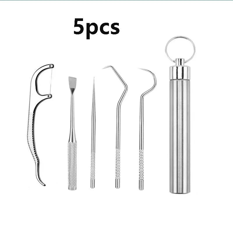 Portable Dental Tool Set Flossing Tooth Picking Tool Metal Stainless Steel Spiral Ear Pick Spoon Kit Oral Hygiene Tartar Removal