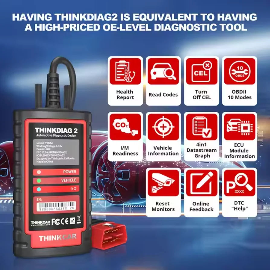 THINKCAR THINKDIAG 2 Car OBD2 Scanner Code Reader Full System 16 Resets CAN FD ECU Coding Auto Professional diagnostic tools