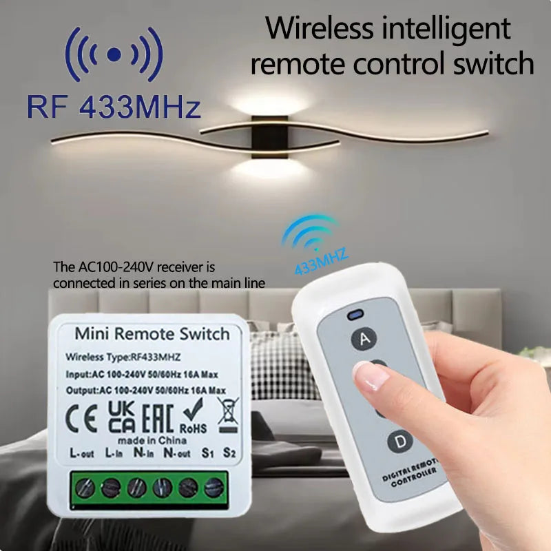 Smart Wireless Switch 433Mhz 16A 4Key RF Switch Module Remote Control AC 100V-240V Mini Relay Receiver Light Fan Garage Door