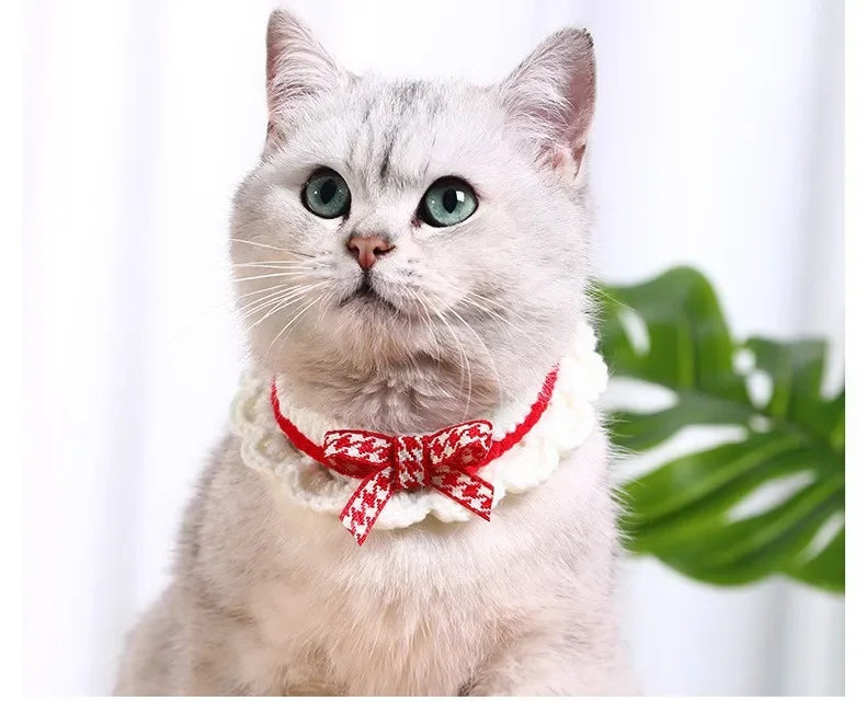 Cute Bow-knot Hand-knitted Saliva Towel  Kitten Cat Puppy  Adjustable Collar Pet Decorative Dog Cat Collar Pet dog Accessories