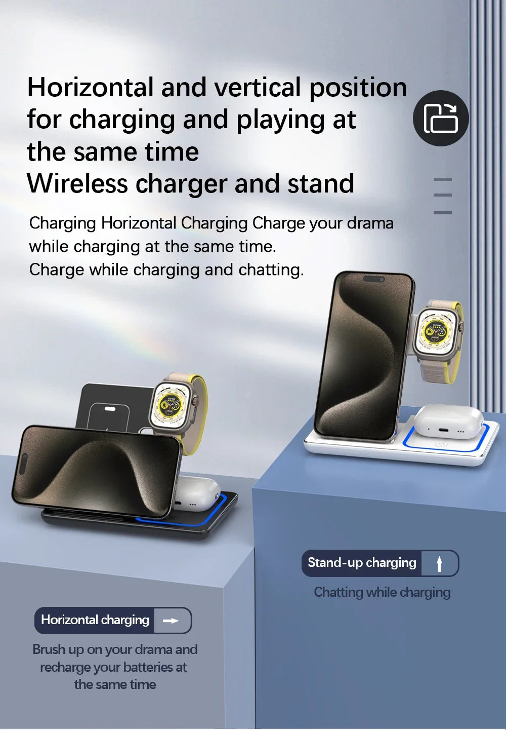 30W 3 in 1 LED Fast Wireless Charger Stand Foldable Charging Station For iPhone 15 14 13 12 11 Apple Watch 9 8 7 6 5 Airpods Pro