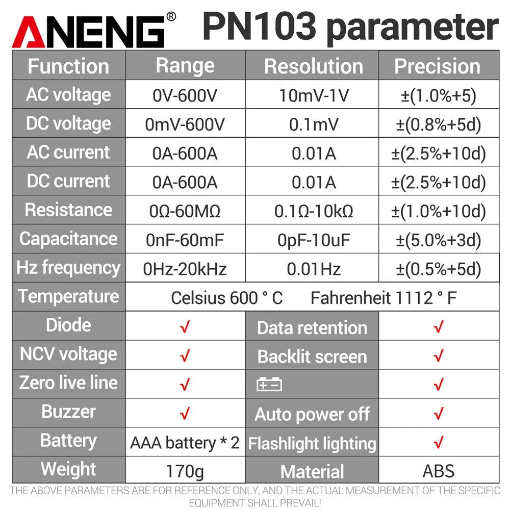 ANENG PN103 6000 Counts Digital Clamp Meter Multimeter 600A AC Current AC/DC Voltage Tester Hz Capacitance NCV Ohm Diode Testers