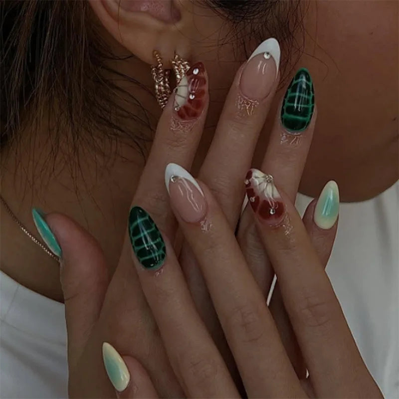 24PCS 3D Sweet Pink Flower Almond Press on False Nails with Yellow French Diamonds Fake Nails Artificial Wearable Tips with Glue