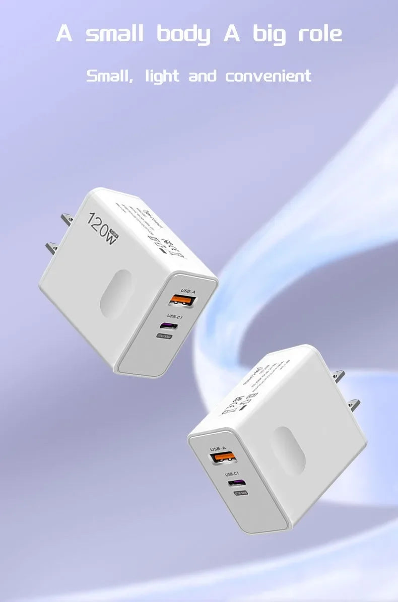 Total 120W USB Type C Fast Charging Charger PD Mobile Phone Quick Charge Wall Adapter for iPhone 15 Xiaomi Samsung GaN Charger