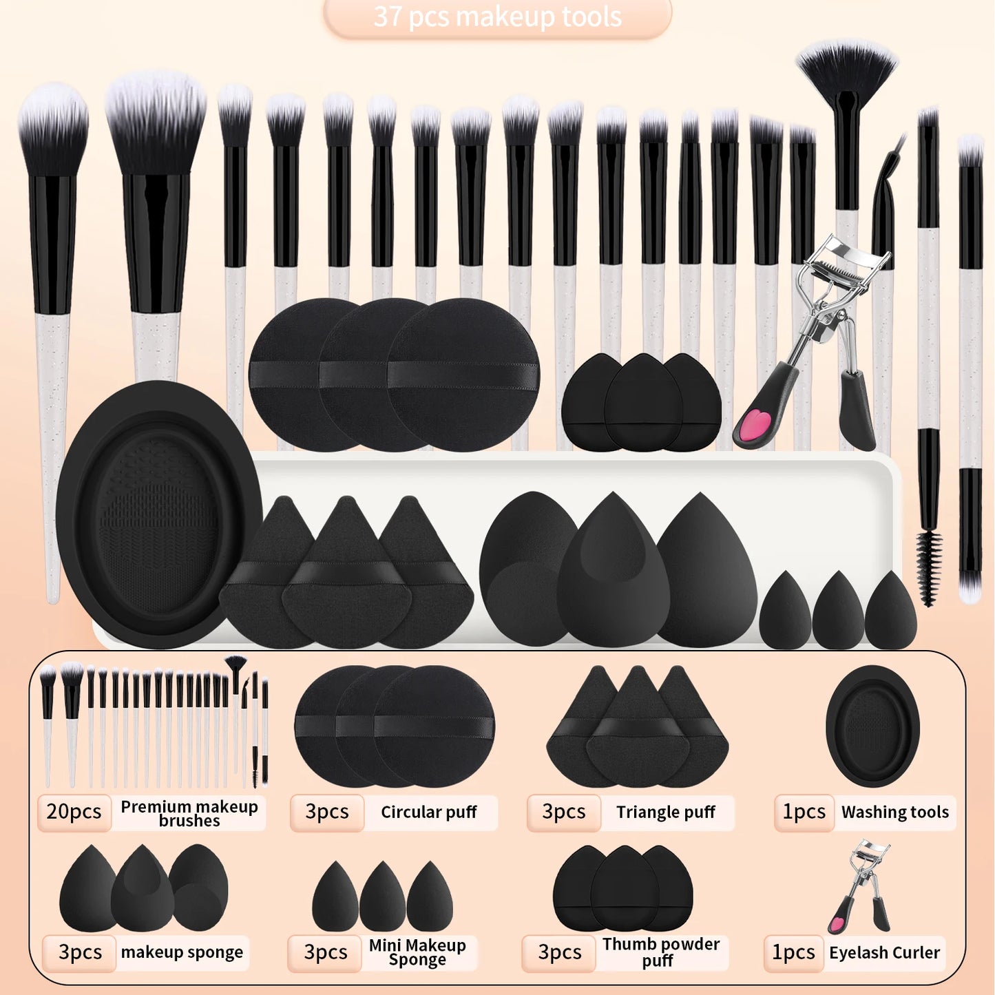 20 makeup brushes+3 round powder puffs+3 triangular powder puffs+3 beauty eggs+3 finger powder puffs+3 mini beauty eggs+1 washin