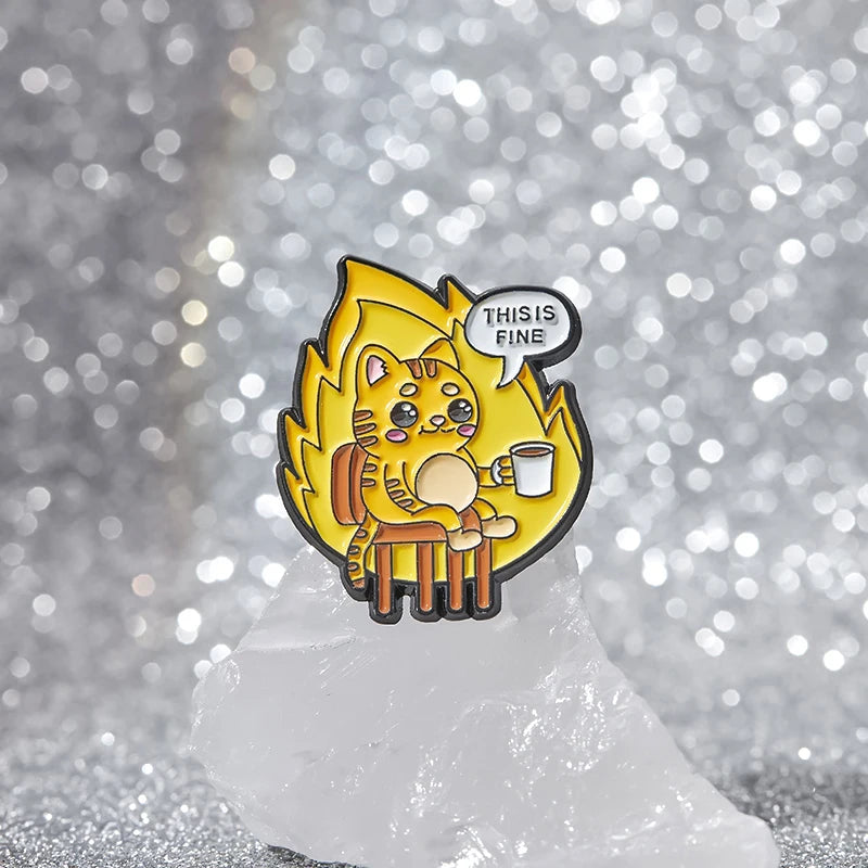 Flame Coffee Cat Enamel Pins Custom THIS IS FINE Brooches Lapel Badges Cartoon Animal Jewelry Gift for Friends
