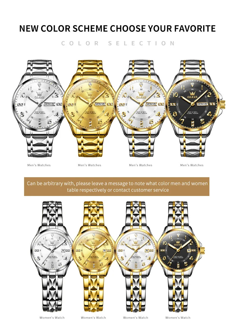 OLEVS 2910 Luxury Men Women Couple Watch Dual Calendar Display Waterproof Stainless Steel Clock Gold Diamond Couple Quartz Watch