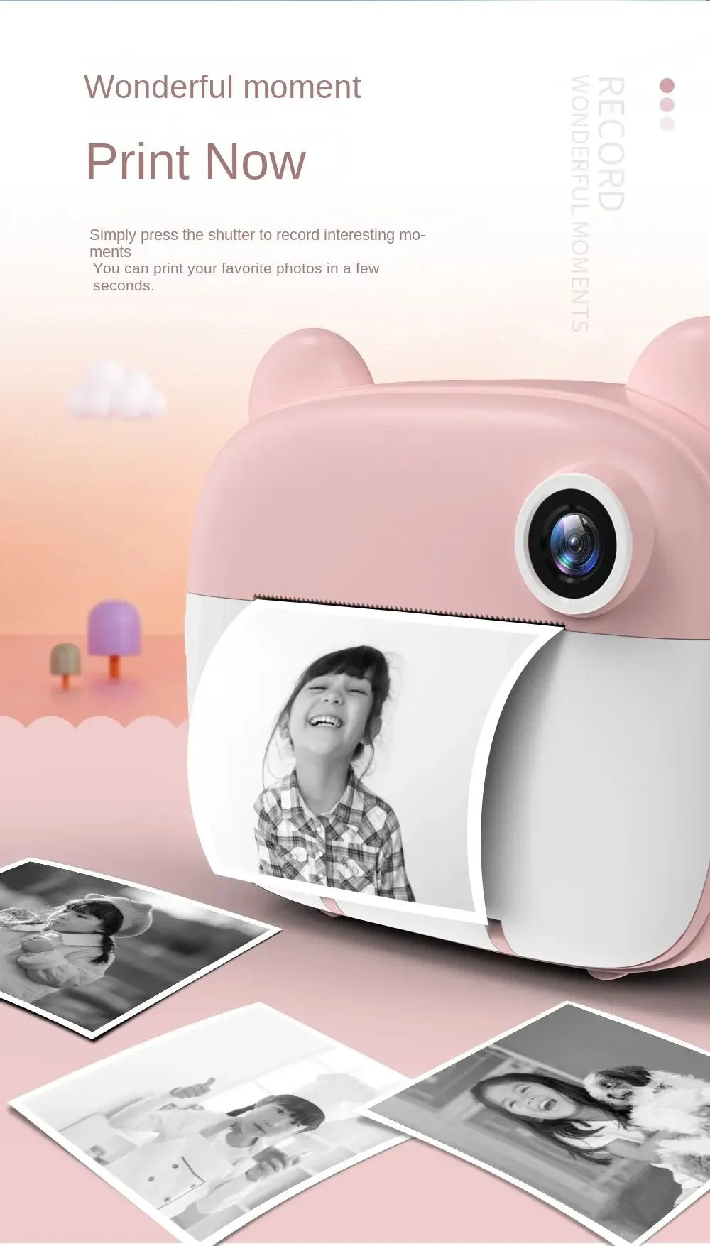 Children's Camera LCD Screen 2.4 Inches Supports 32G Memory Battery Life 1000 MAh Instant Printing Camera Supports Video Games