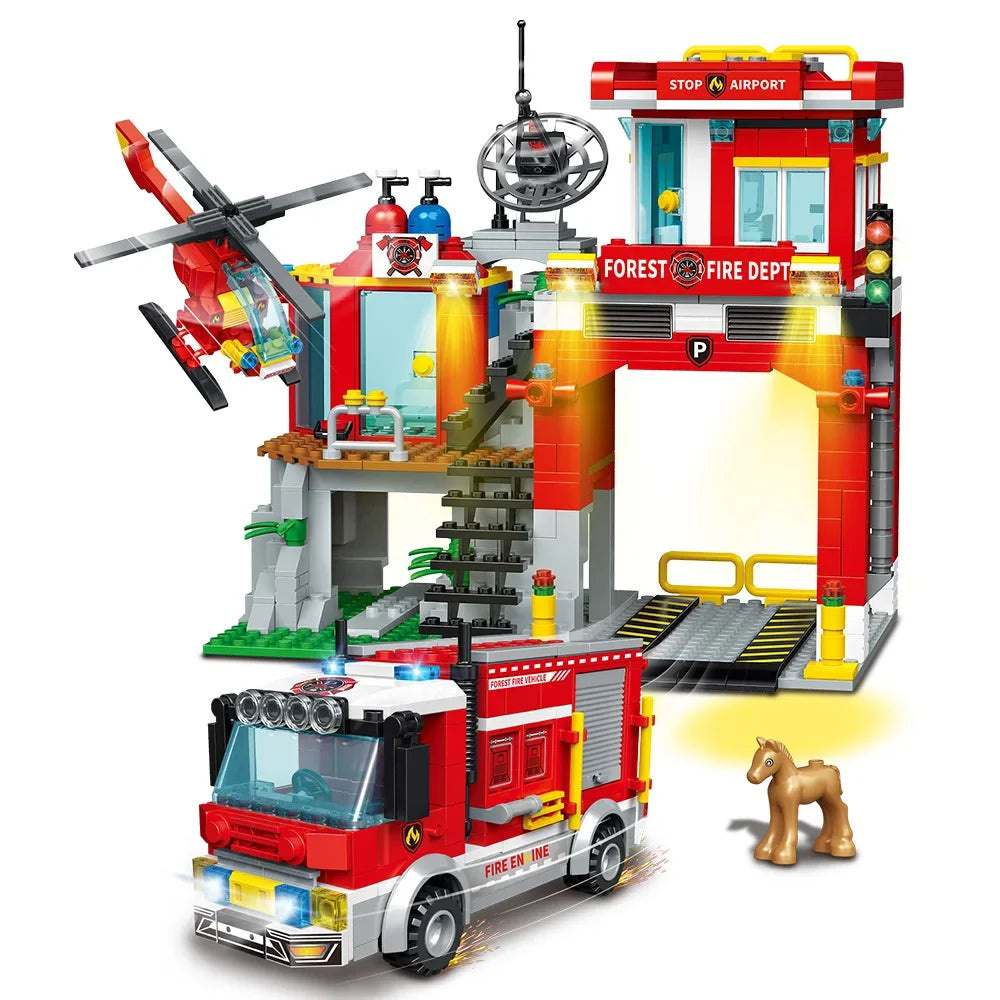City Oceans Fire Station Building Kit fire Station Set with Fire Station/Fire Helicopter/Fire Ship/Rescue Boat, Gifts for Boys