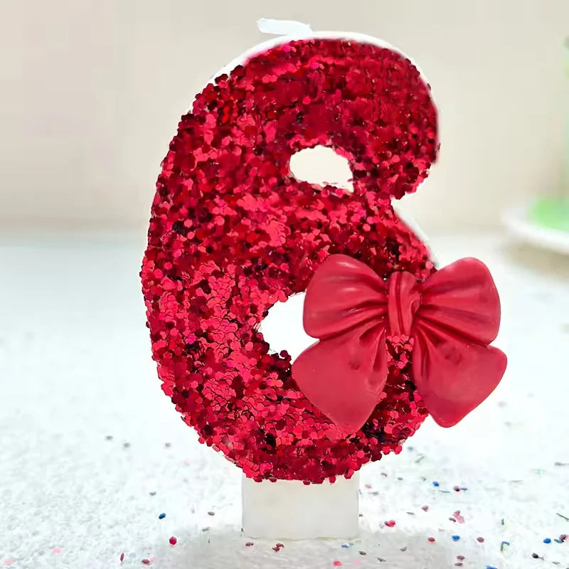 Sanrio 0-9 digit Birthday Candles,Lotus root pink bow tie with Glitter Sequins,  Suitable for Birthday Party Cake Decoration