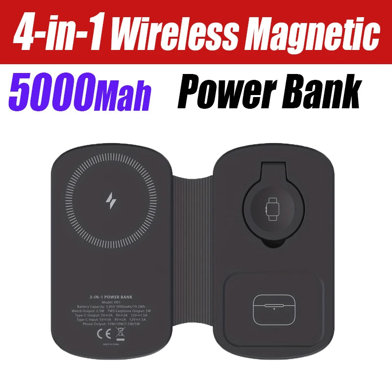 Foldable 5000mAh Magnetic Wireless Power Bank Portable Charger with Stand for iPhone Watch AirPods Fast Charging
