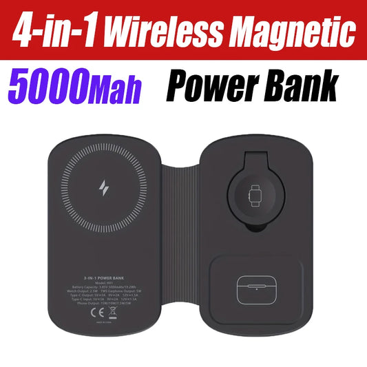 Foldable 5000mAh Magnetic Wireless Power Bank Portable Charger with Stand for iPhone Watch AirPods Fast Charging