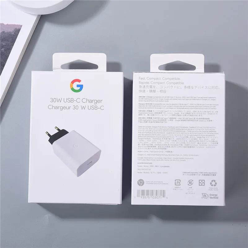 Google 30W PD Fast Charger for Pixel 8 7 6 Pro 8A 7A 6A 5A 4XL 4A EU/US/UK Power Wall Charge Adapter 100cm USB C to USB C Cable