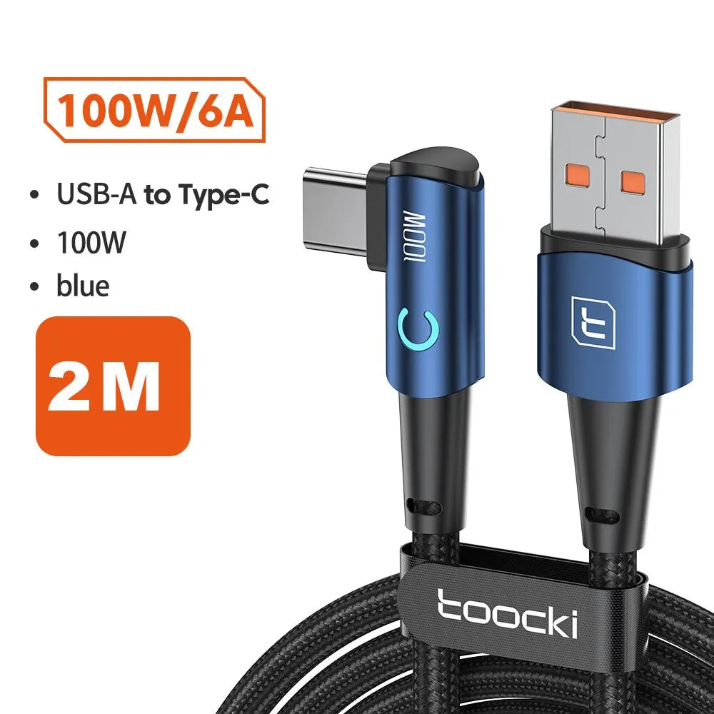 Toocki 6A USB C Cable 90 Degree For OPPO 100W Fast Charging Cord For Honor Huawei Oneplus Realme Charger Data Wire