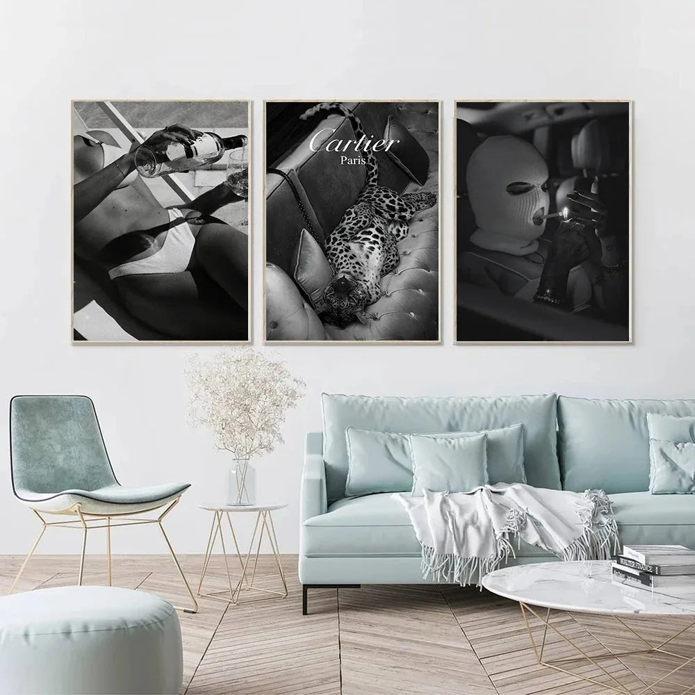 Fashion Sexy Women Wall Art Poster Leopard Dog Art Print Luxury Brand Car Canvas Painting Modern Pictures Living Room Home Decor