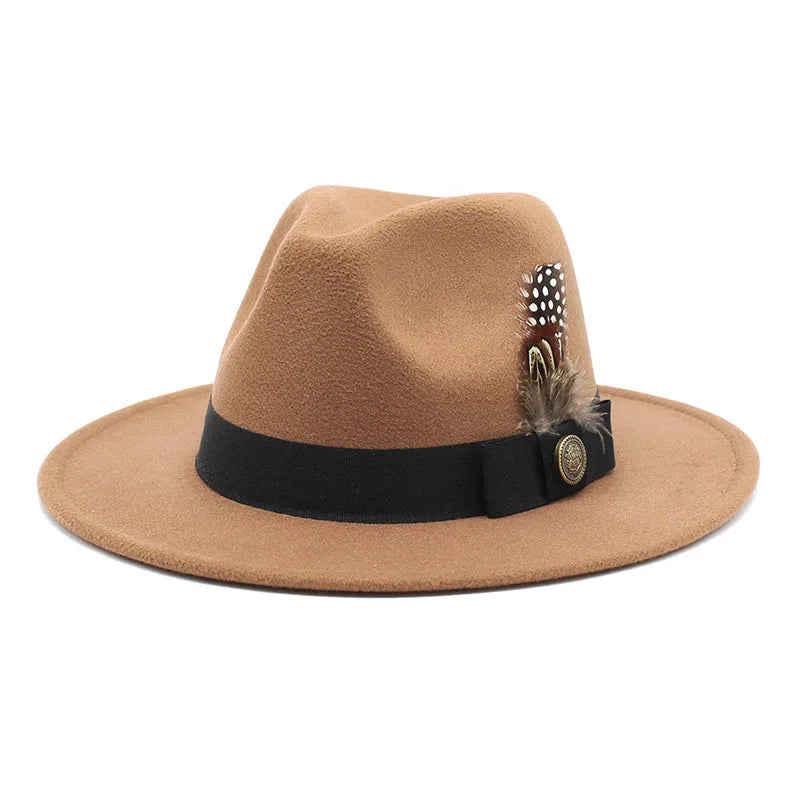 White Woolen Gentleman Classic British Jazz Feather Top Hat Wide Brim Party Church Wedding Fedora Hats Men Women Panama Felt Cap