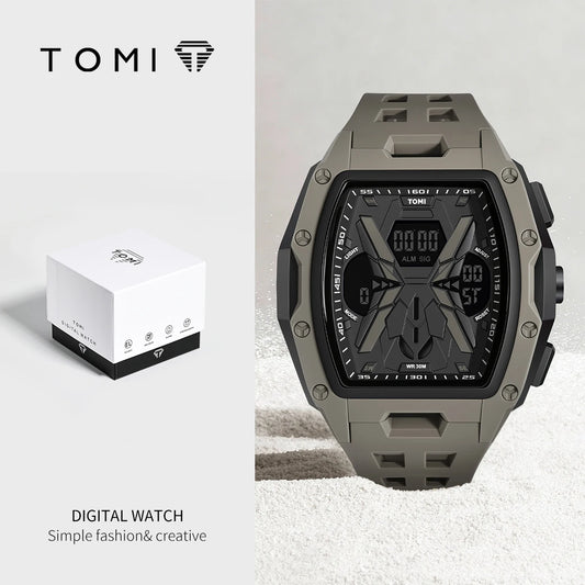 TOMI  Sports Men Mecha Dual Display Watch, Analog Digital Dual Dial, Backlight Alarm Stopwatch, Hollow Breathable Silicone Strap