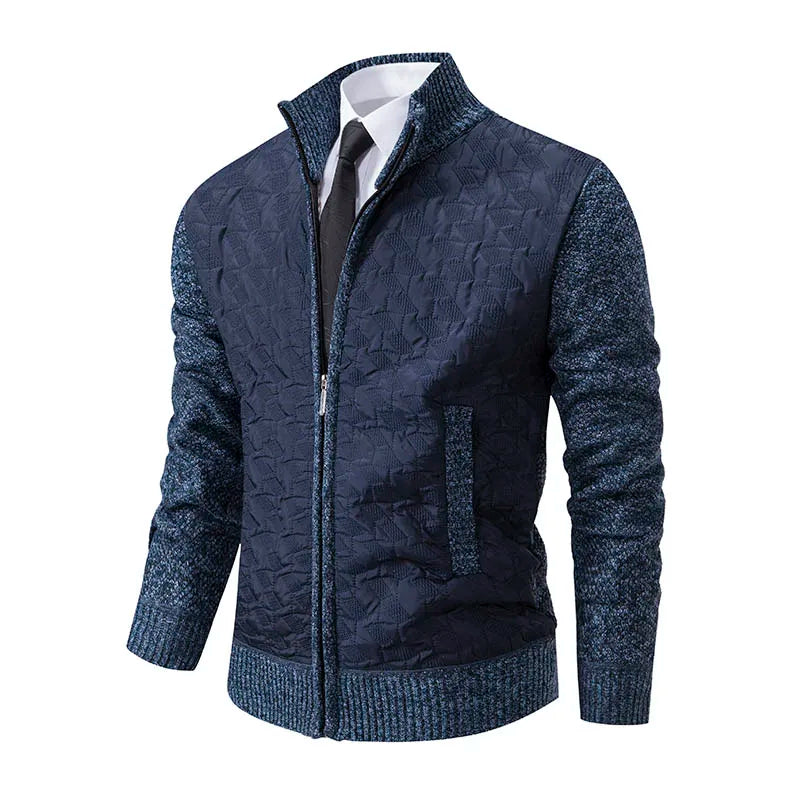 Mens Windproof Jacket Full Zip Fleeced Sweater Cardigan Contrast Stand Collar Sweaters Coat Autumn Winter Velvet Clothes