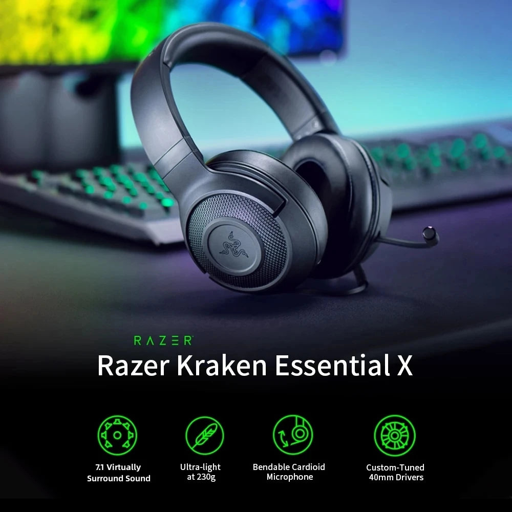 Razer Kraken X Essential Gaming Headset 7.1 Surround Sound Headphone Bendable Cardioid Microphone 40mm Driver Unit Headphones