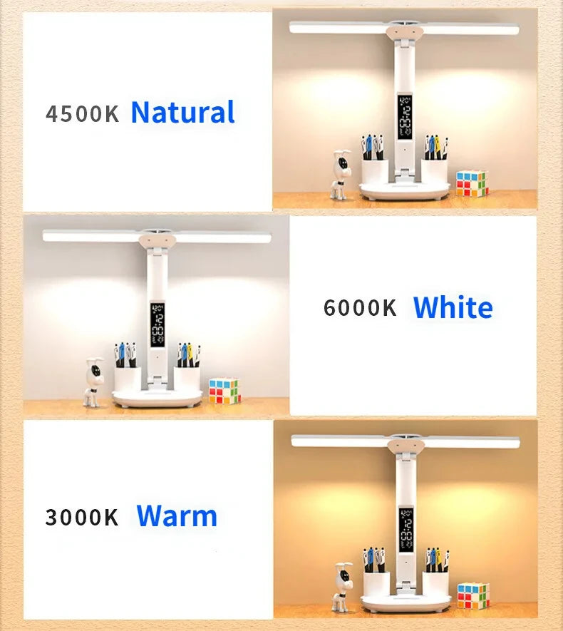 Multifunctional Eye Protection Rechargeable LED Clock Dimmable Desk Lamp 180° Rotating Foldable Desktop Reading Night Light USB
