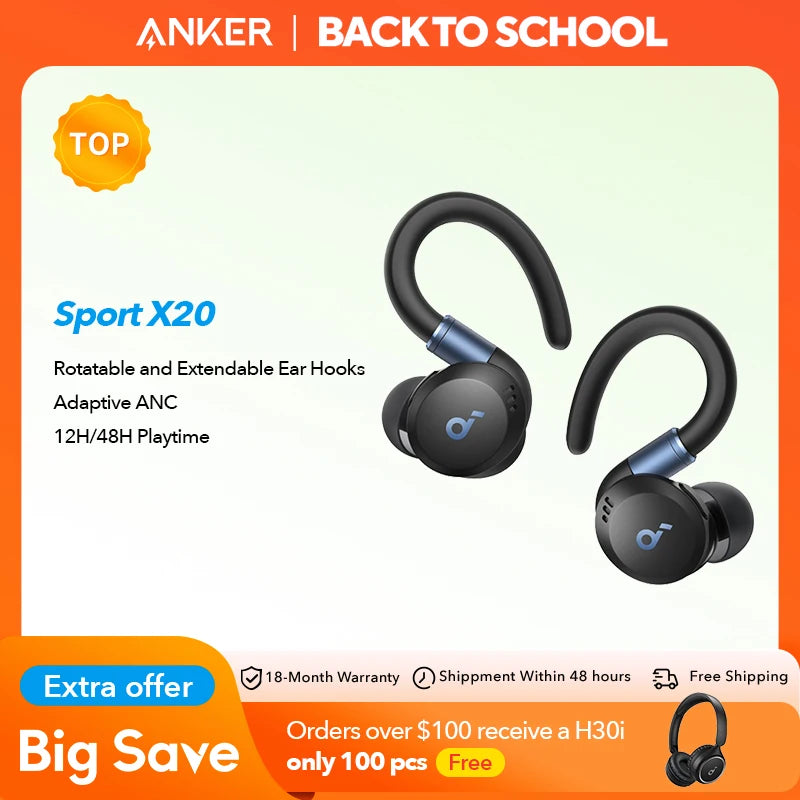 Soundcore by Anker Sport X20 True-Wireless Workout Earbuds Ear Hooks Earphone Bluetooth Wireless Bluetooth Headphones