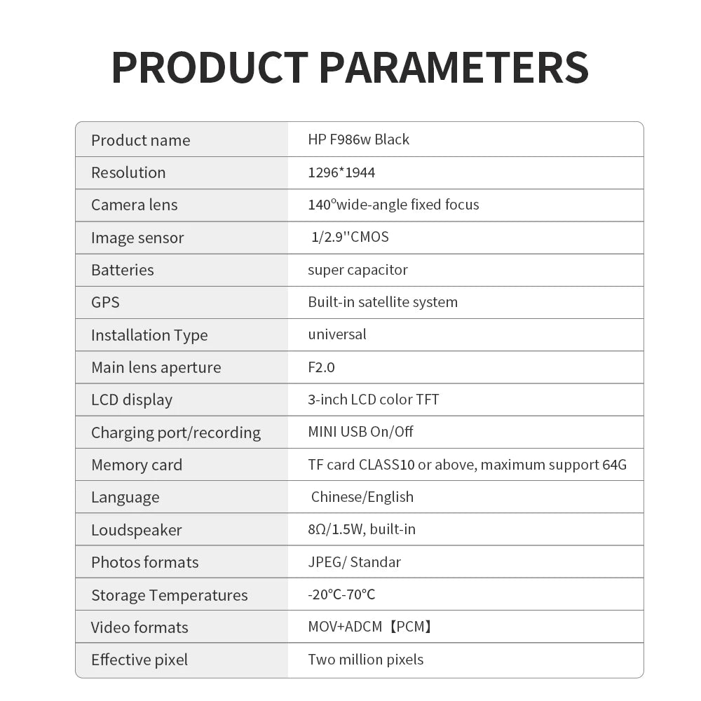 HP Car Recorder F986W 1296P Car Camera HD Night Vision Parking Monitoring Car WiFi Car DVR Video Loop Recording