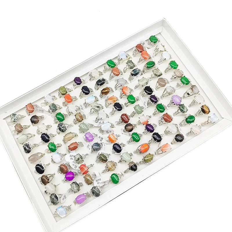 20/50pcs/Lot Wholesale Bohemia Mix Style Natural Stone Finger Rings for Women men Silver Color Party Jewelry Oval Agate Wedding