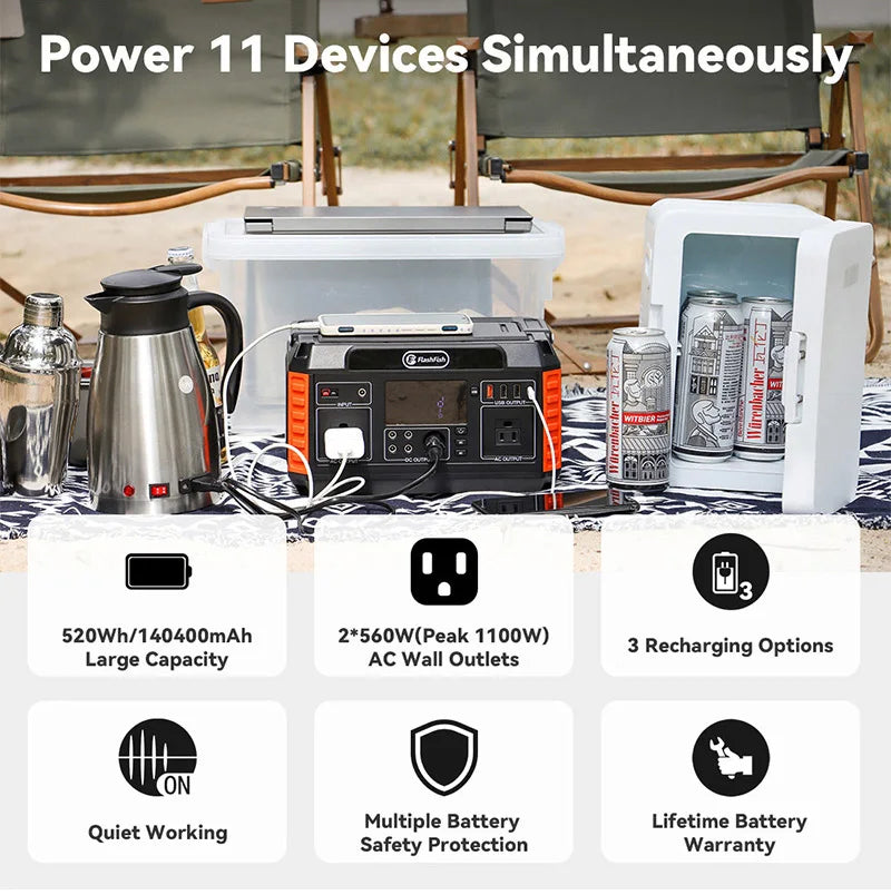 Hot Sale 520Wh 220V 560W 140400mAh Portable Energy Storage Rechargeable Solar Generator Portable Power Station with Solar Panel