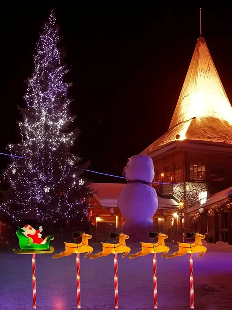 5pcs Solar LED Christmas Lights Set Santa Reindeer Design for Outdoor Patio Garden Lawn Decor Holiday Lights Waterproof 136