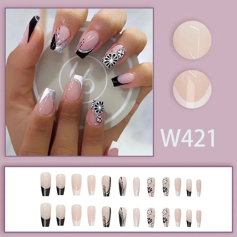 Black Ink Style Fake Nail with Jelly sticker Press on False Nails Wearable Round Head Oval Full Cover Nail Tips