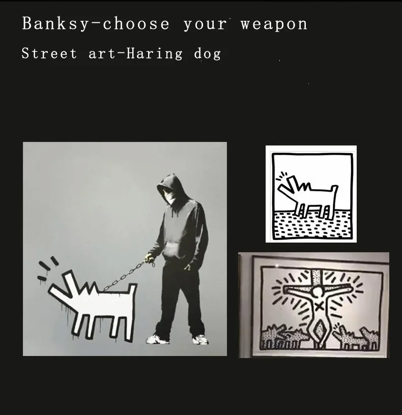 Banksy a trendy man playing with dogs, white fashion toys, art sculptures and ornaments