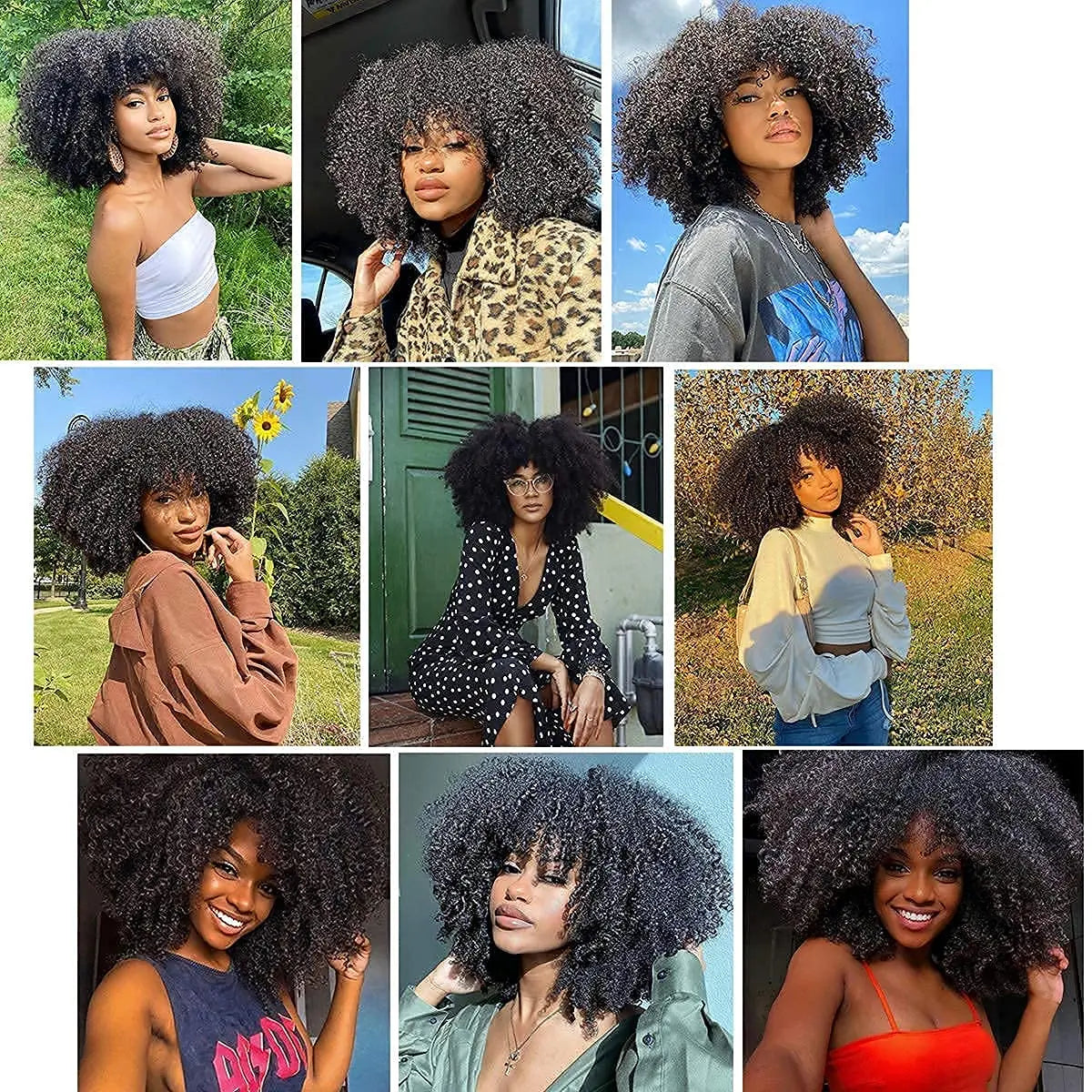 Afro Kinky Curly Human Hair Wigs with Bangs 10-16 Inches Natural Color Glueless Curly Fringe Wig Remy Brazilian Hair for Women