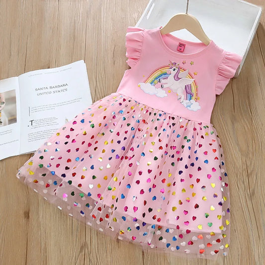 Kids Dresses for Girls Sohort Sleeve Unicorn Girls Sequins Costume Princess Dress Kids Daily Clothes