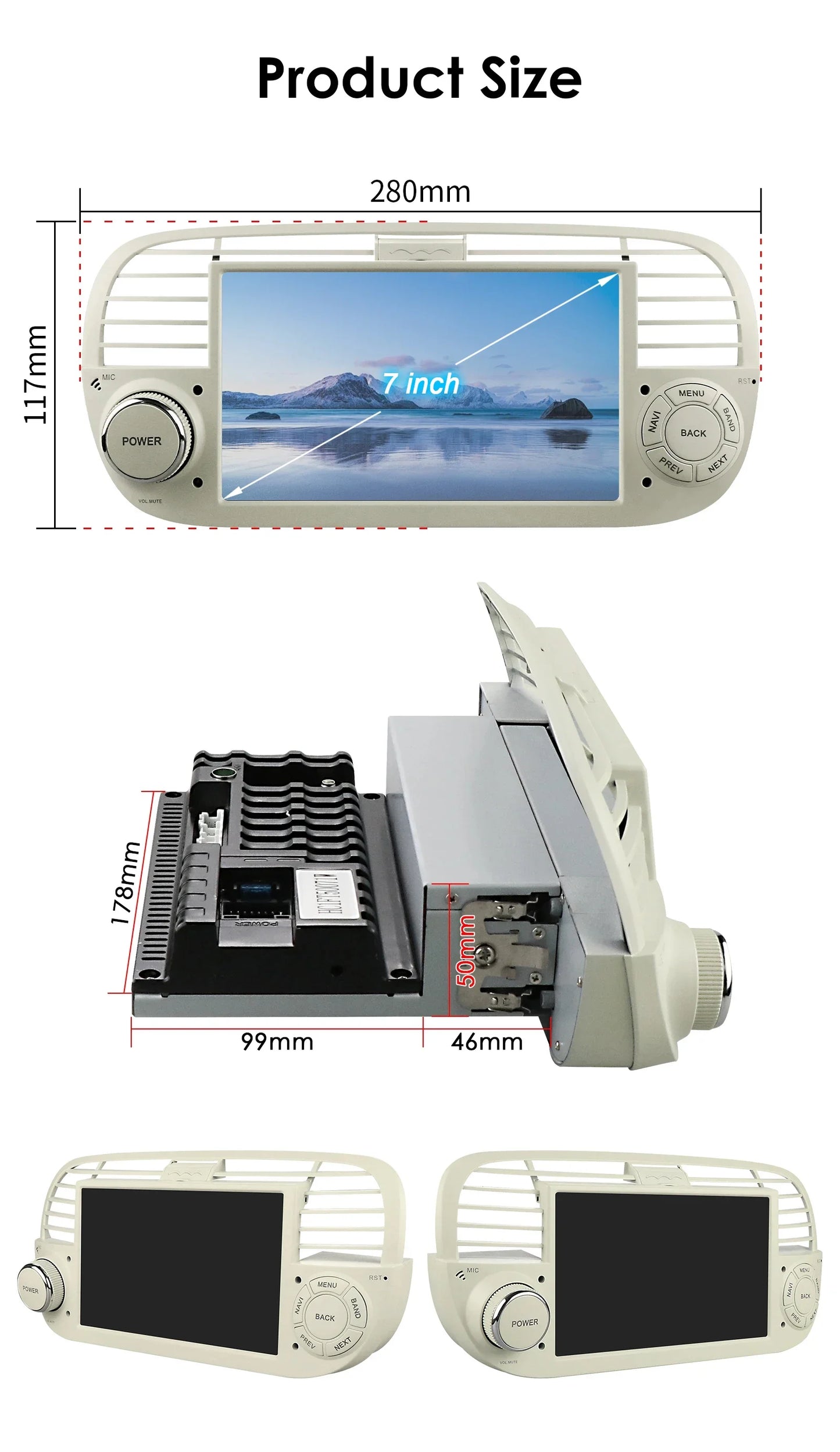 Junuse 7" Wireless Android Auto Carplay For Fiat 500 2007~2015 Android 13 Carplay GPS Navigation Multimedia Player White Black