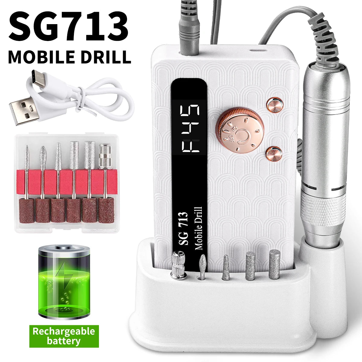 45000RPM Electric Nail Drill Rechargeable Nail Polisher with Nail Drill Kit for Gel Nail Polishing Nail Salon Tool