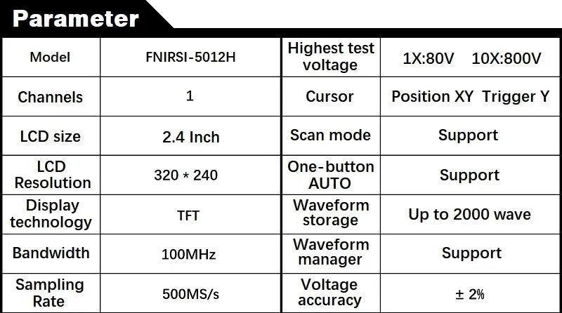 FNIRSI-5012H Handheld Digital Oscilloscope 500MS/s Sampling Rate 100MHz Analog Bandwidth 2.4 Inches Support Waveform Storage
