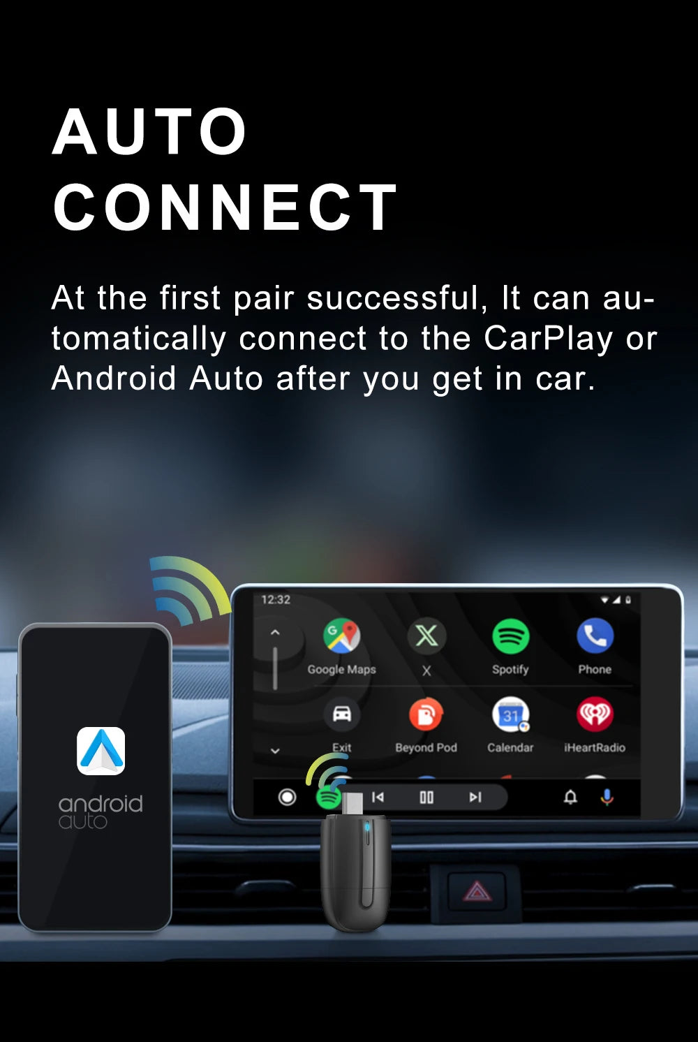 Acodo 2025 New Mini Dual interface Wireless Adapter Carplay/Android auto 2in1 function USB/Type-C convenience wired to wireless