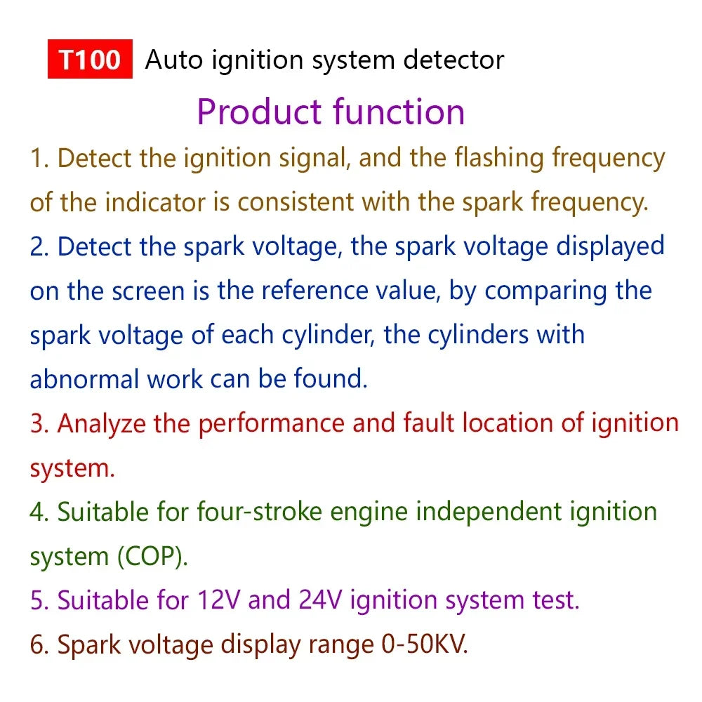 AM-T100 12V 24V Auto Ignition System Detector Ignition Signal and Spark Voltage Tester