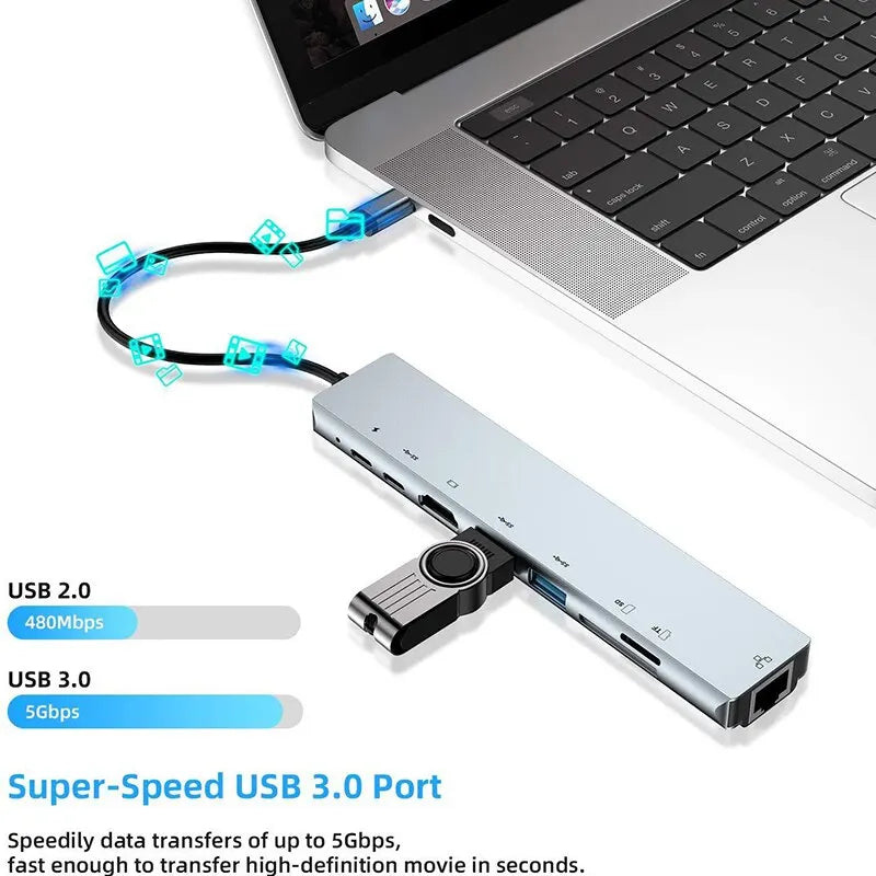 USB C Hub 8 in 1 Type C 3.1 To 4K HDMI Adapter with RJ45 SD/TF Card Reader PD Fast Charge Docking Station Hub for Phone Computer