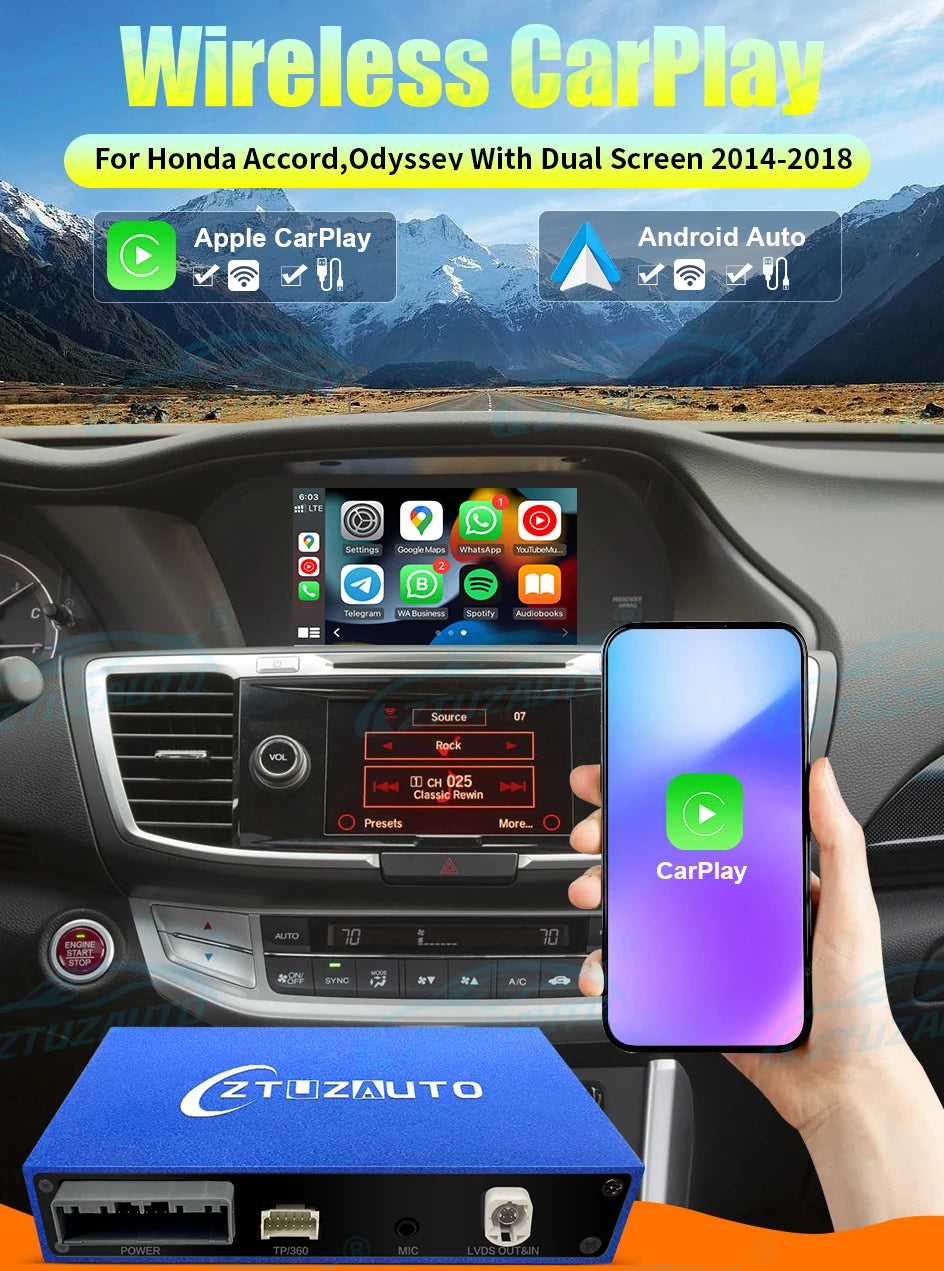 Wireless CarPlay Android Auto for Honda Accord /Odyssey Mirror Aftermarket CarPlay Upgrade Retrofit Multimedia Navigation