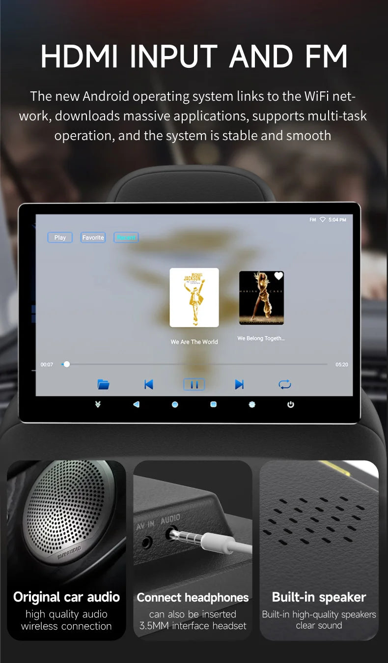 13" Headrest Monitor Android 12 Car Display IPS  2K HD For Car Rear Seat Tablet Touch Screen Video Music TV Player HDMI Input