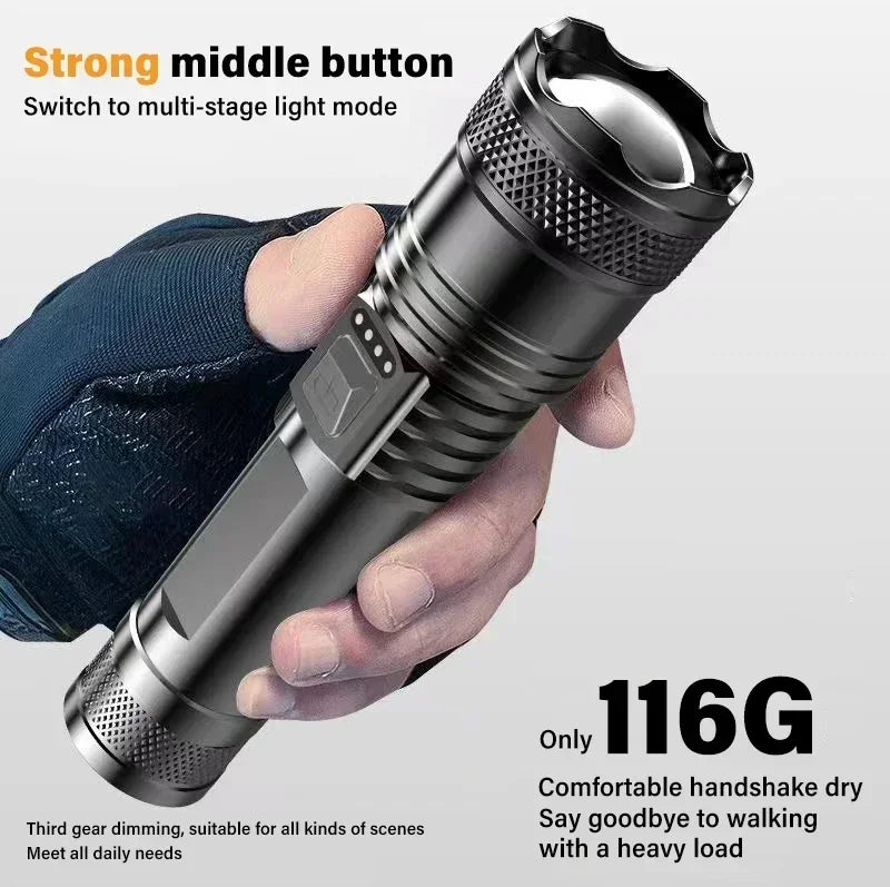 High Power Self Defense LED Flashlights USB Rechargeable Strong Hand Light Multifunctional Torch Lamp For Emergency Camping