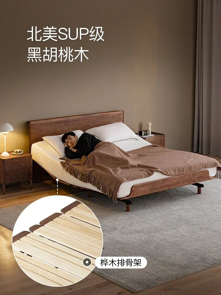Electric bed Solid wood bed Black walnut remote control lifting Multifunctional smart mattress