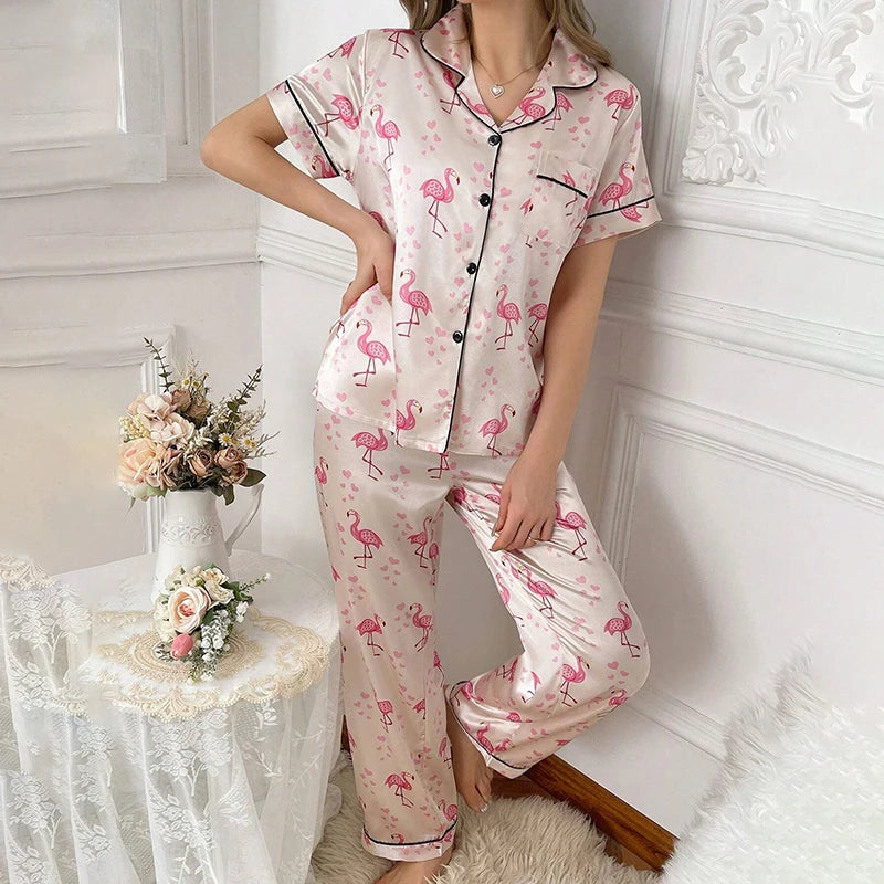 Satin Pajamas For Women Home Clothes Autumn Short Sleeve Turn-down Collar Tops Pants Sleepwear Flamingo Print Pyjama 2 Piece Set